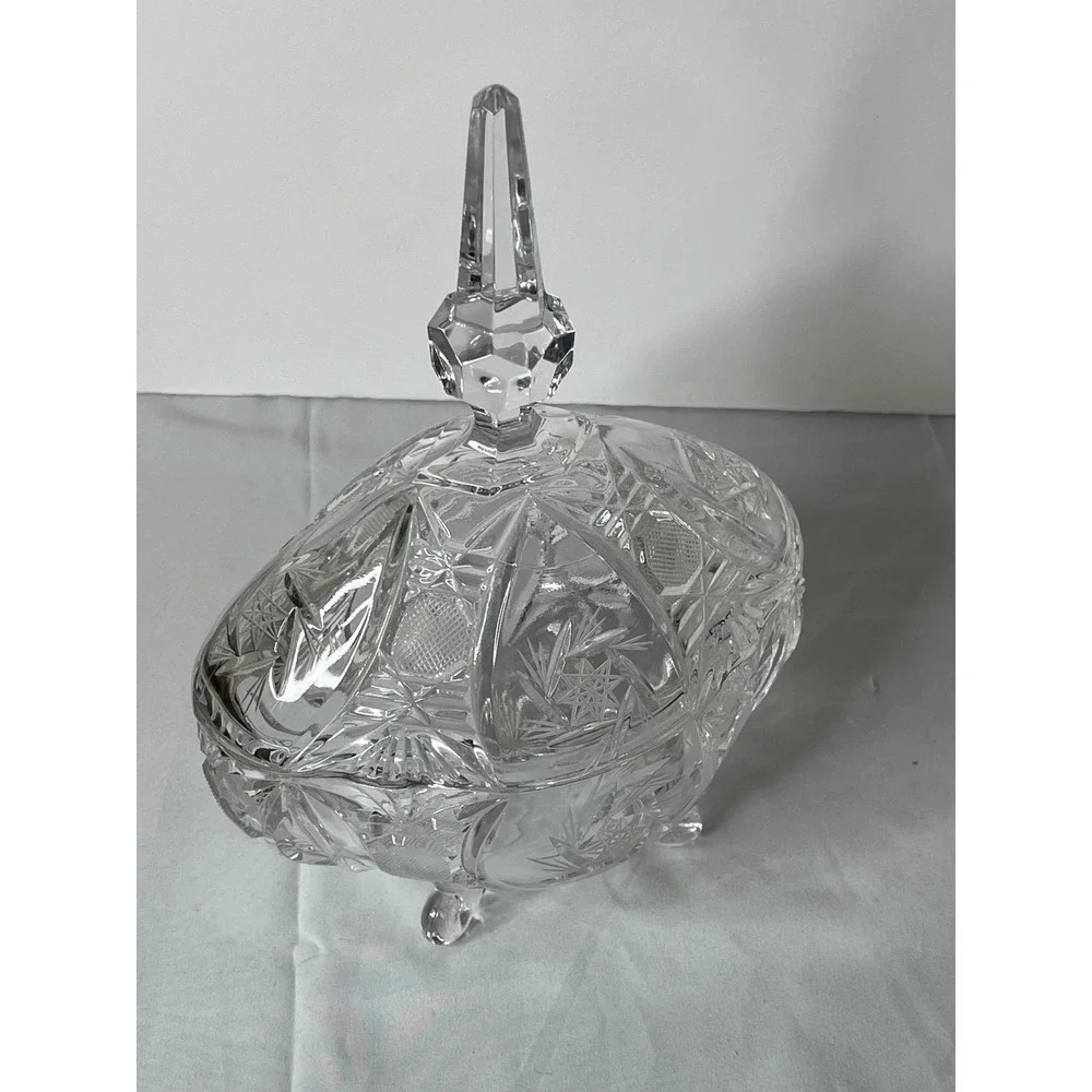 Vintage Tall Crystal Candy Dish‎ Footed w/ Lid Cut Glass Starburst Pattern Heavy